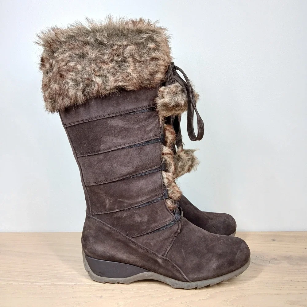 Naturalizer Winter Boots Womens 8.5M Brown Suede Faux Fur Lace Up Pom Pom